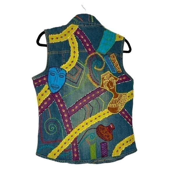 Chico's  Art to Wear Denim Embellished Beaded Button Down Denim Vest Size 8 - Picture 6 of 10
